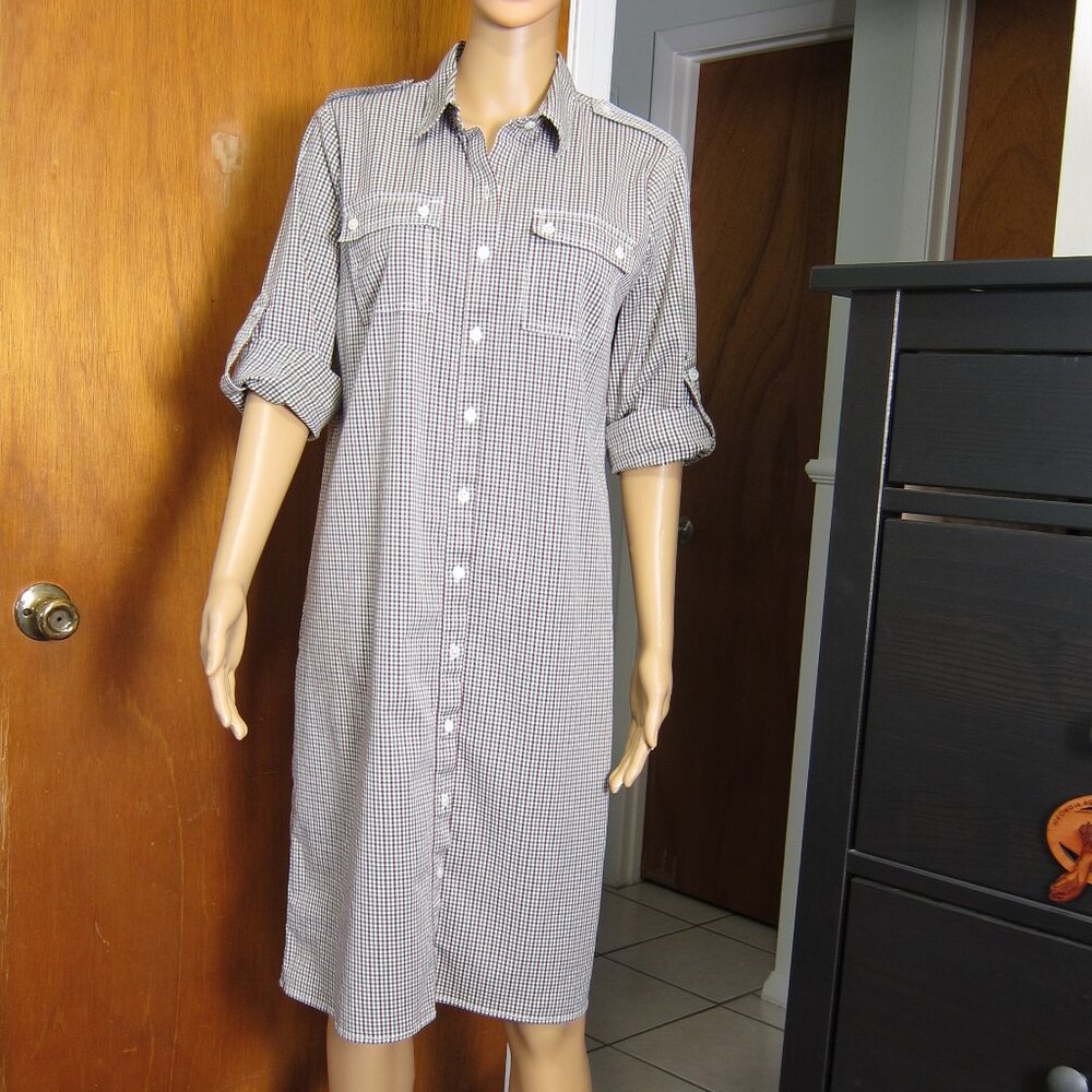 Lands End Canvas Shirt Dress Stretch Plaid Knee Length Roll Tab Sleeve Size 12
